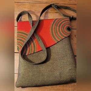 Woven Olive Crossbody Bag with Red Patterned Flap